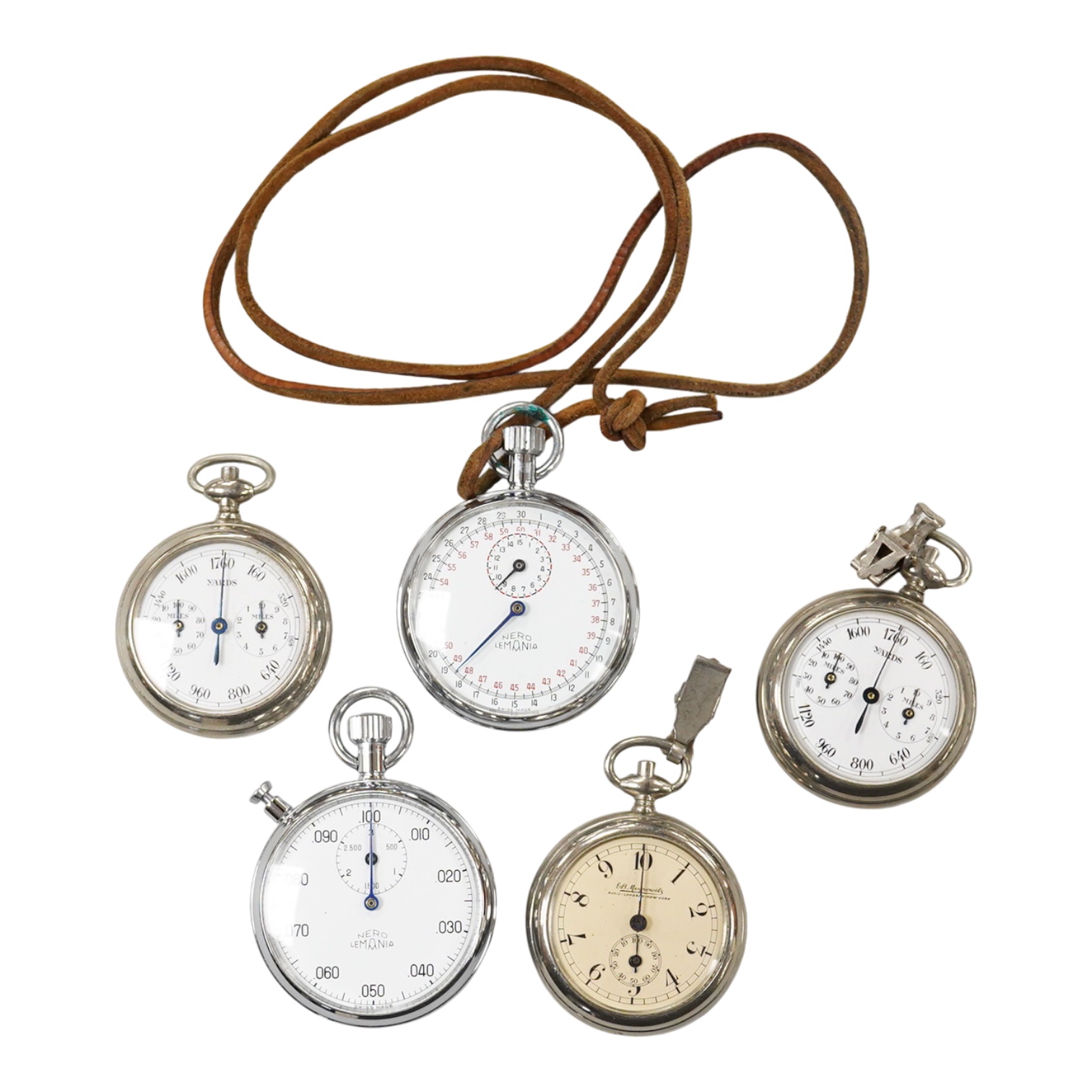 Five assorted base metal cased pedometers to include two Nero Lemania and one retailed by E.B. Meyrowitz.